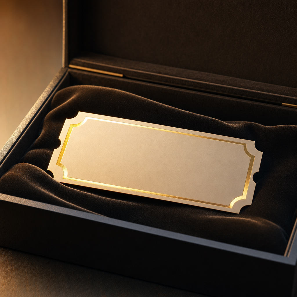 A premium blank commemorative ticket resting in an open presentation box