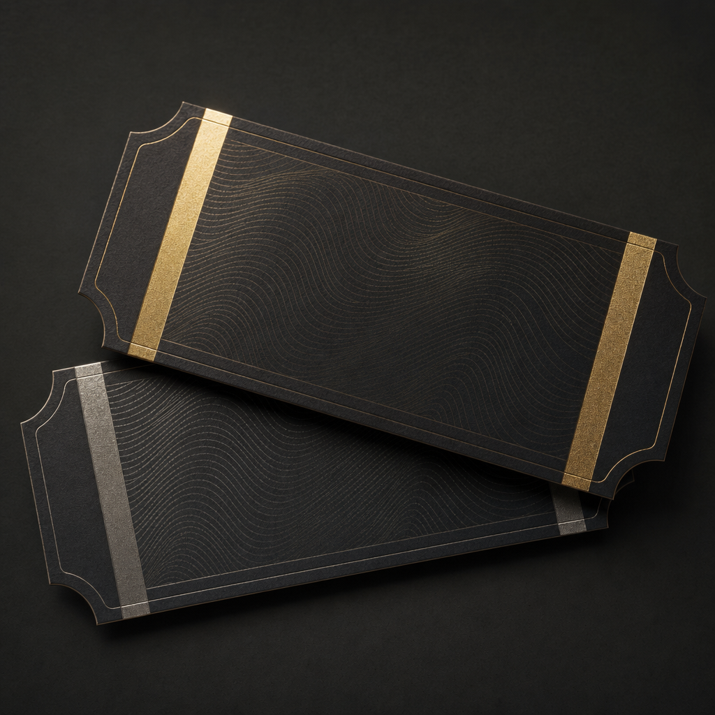 Blank tickets with subtle foil accents catching the light on a dark surface