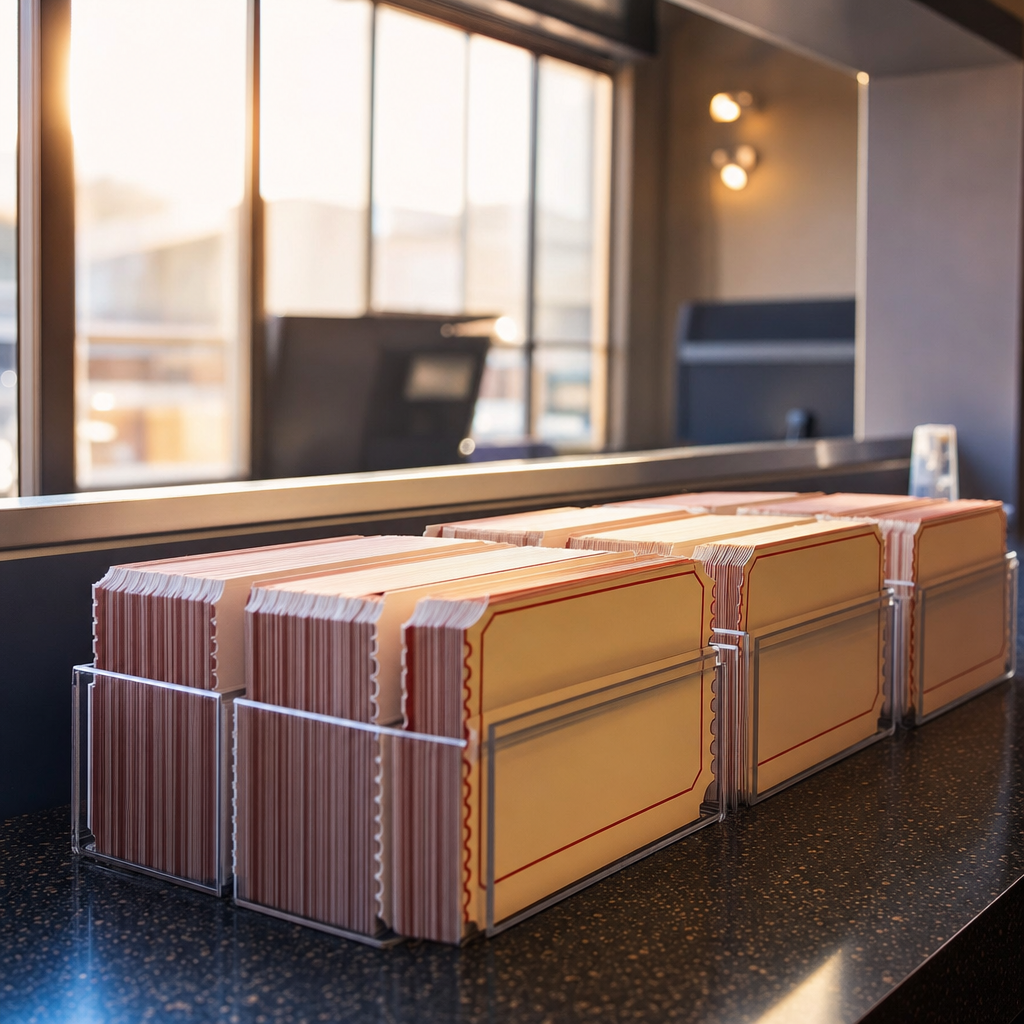 Neat stacks of blank thermal ticket stock at a box office counter
